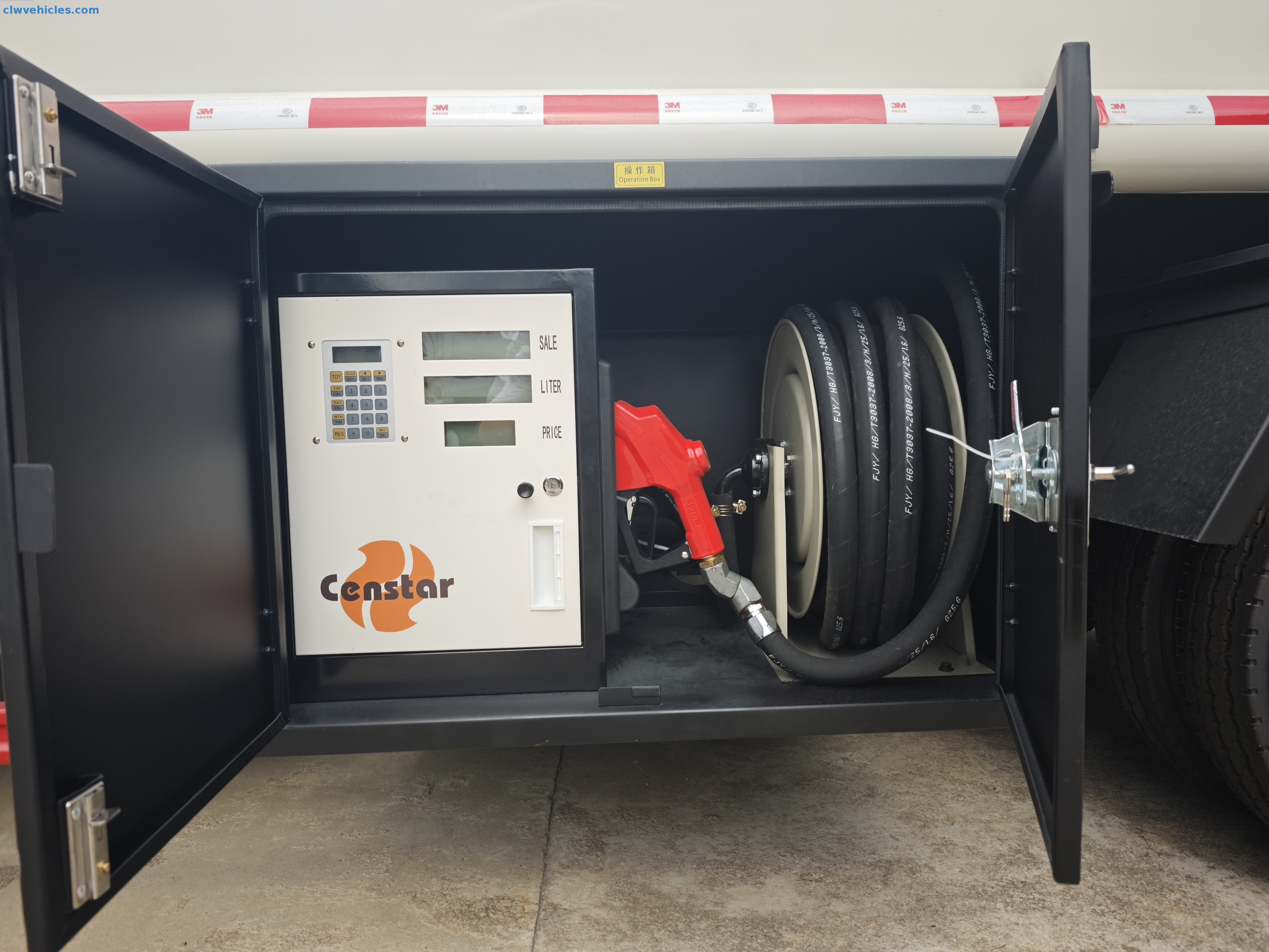 Rear outlet box with lockable fuel discharge valves on ISUZU tanker